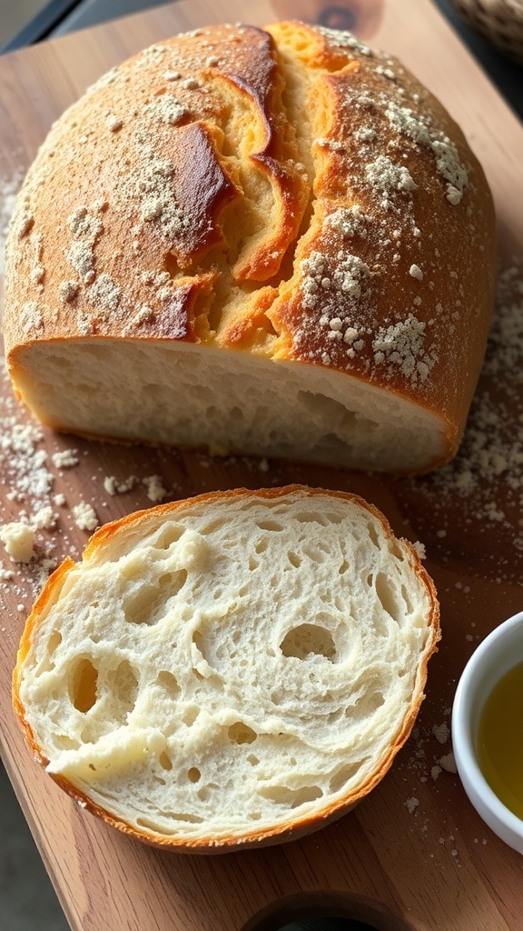 Freshly baked bread loaf with a crispy crust and soft crumb on a wooden board.